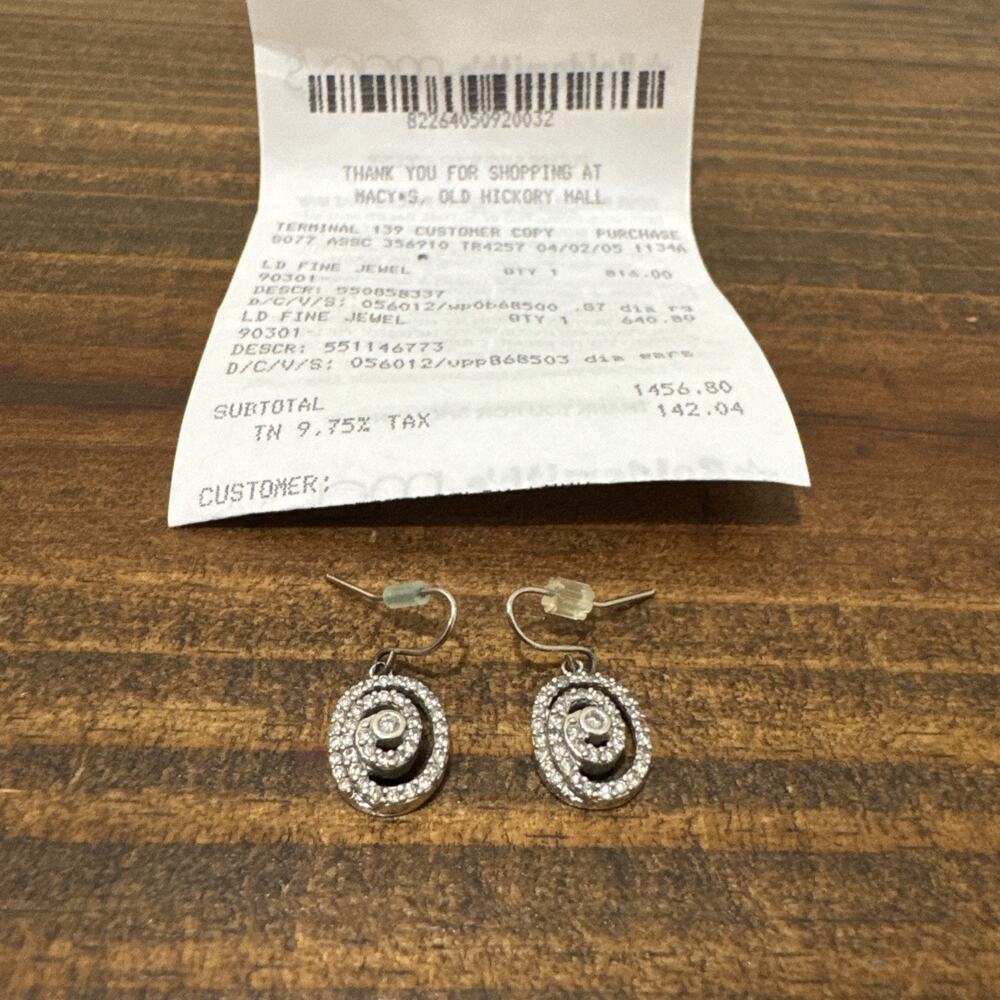Vintage Macy’s 14k White Gold Circle Swirl Diamond Dangle Earrings